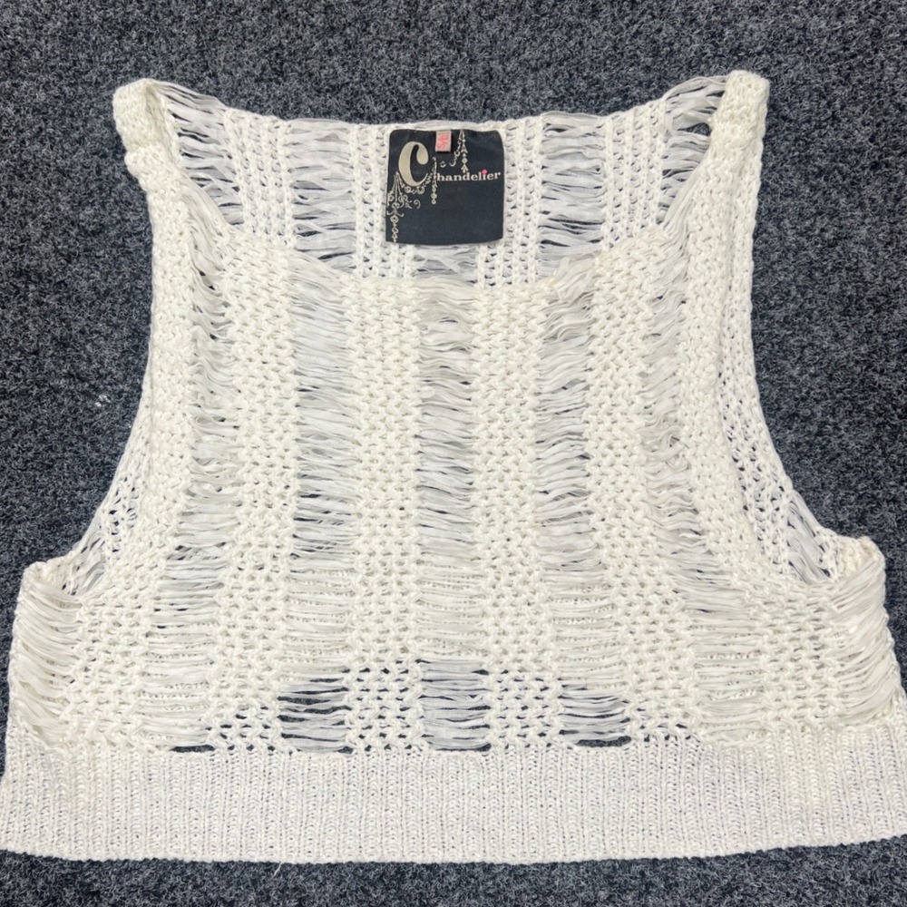 Chandelier White Crochet Knit Distressed Crop Top Sleeveless Tank OS